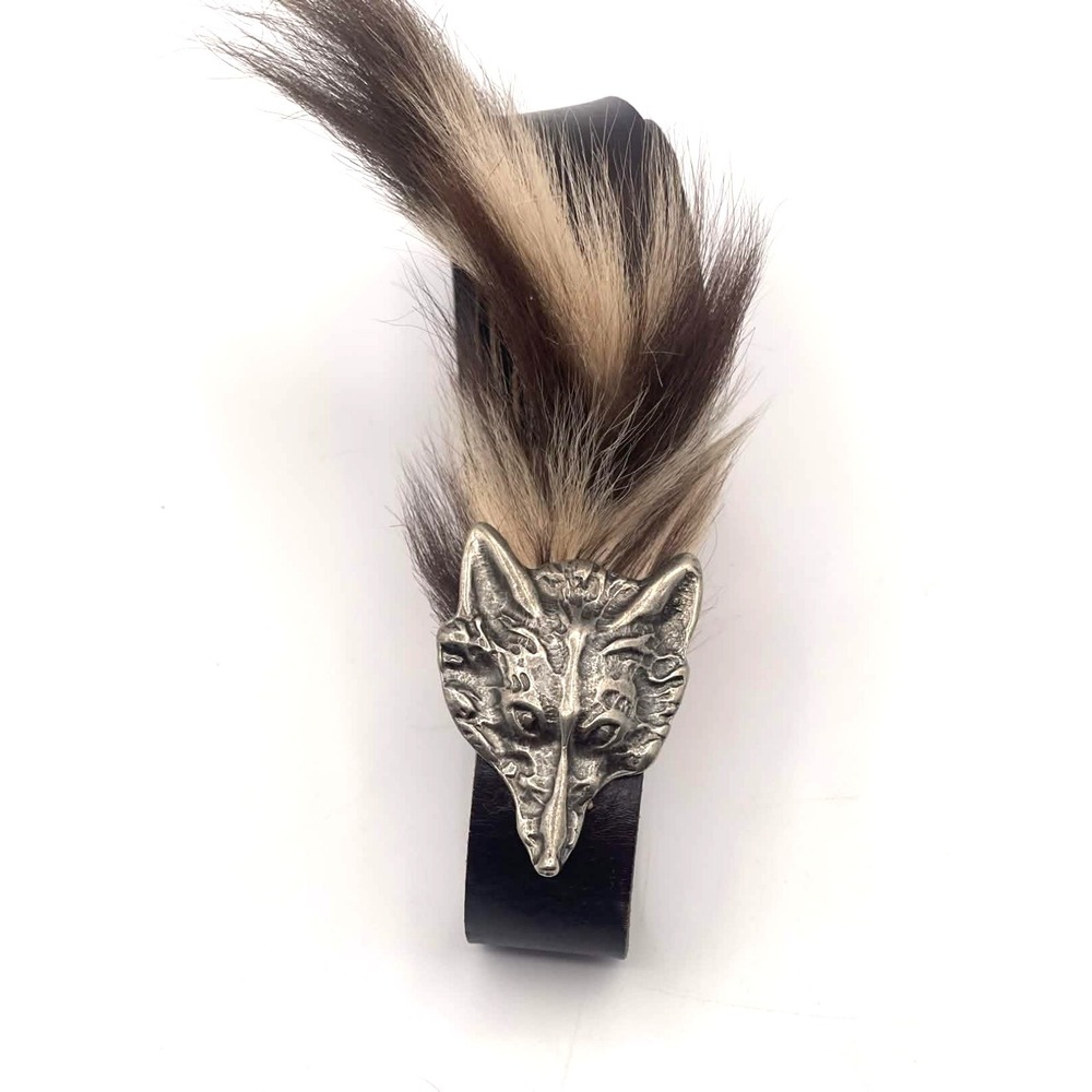 Fox Head Fur Leather Belt 35" Western Style Animal Tail Accessory